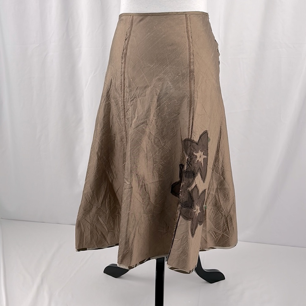 Burning Torch (Anthropologie) silk panel A line skirt appliqué & glass leaves M